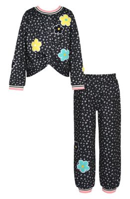 Truly Me Kids' Floral Appliqué Cheetah Print Sweatshirt & Joggers Set in Black 