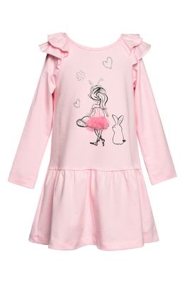 Truly Me Kids' Long Sleeve Stretch Cotton Graphic Dress in Pink