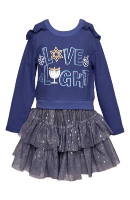 Truly Me Kids' Love Light Ruffle Foil Star Long Sleeve Dress in Blue Multi