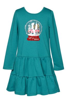 Truly Me Kids' Snow Globe Long Sleeve Tiered Dress in Teal