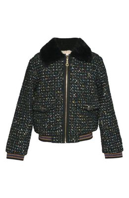 Truly Me Kids' Tweed Bomber Jacket with Faux Fur Collar in Black Multi