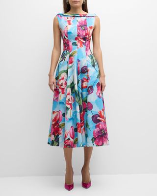 Tulip-Print High-Neck Cotton Pique Midi Dress