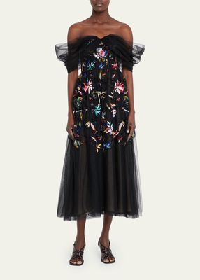 Tulle Off-Shoulder Cocktail Dress with Embroidered Floral Details