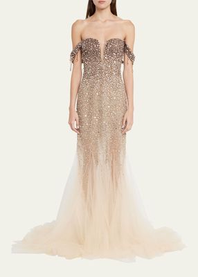 Tulle Off-Shoulder Gown with Ombre Embroidered Details
