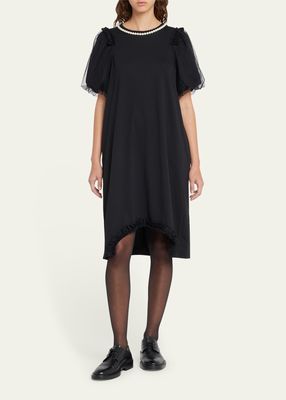 Tulle Puff-Sleeve Shirtdress with Ruffle-Trim