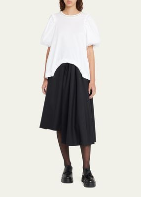 Tulle Puff-Sleeve T-Shirt with Ruffle-Trim