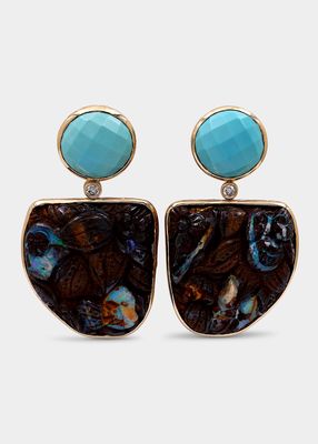 Turquoise, Boulder Opal and Diamond Earrings in 18K Gold