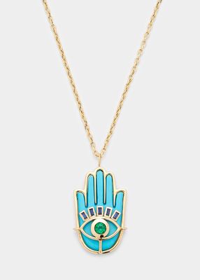 Turquoise Hamsa Necklace with Emerald and Blue Sapphires
