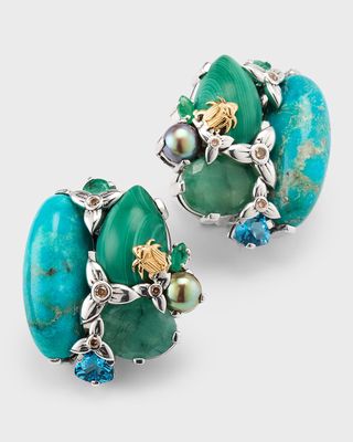 Turquoise, Malachite, Emerald, Blue Topaz, Pearl and Champagne Diamond Earrings