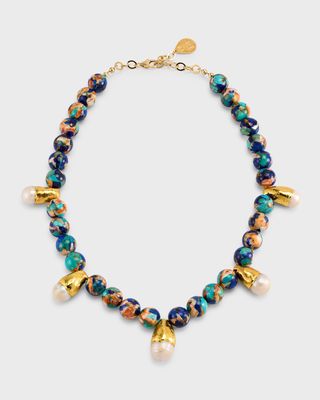 Turquoise Multi-Stone and Pearl Station Necklace