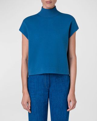 Turtleneck Cap-Sleeve Merino Wool Sweater