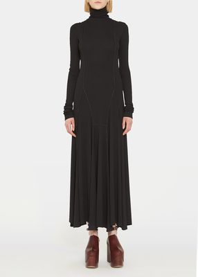 Turtleneck Fit-and-Flare Maxi Wool Dress