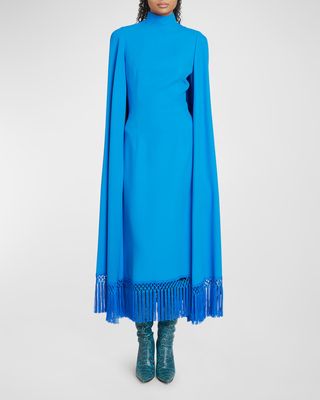 Turtleneck Fringe-Hem Woven Midi Cape Dress