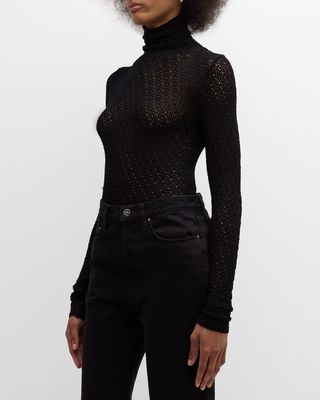 Turtleneck Long-Sleeve Crochet Knit T-Shirt