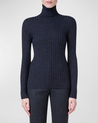 Turtleneck Long-Sleeve Wool-Silk Rib Sweater