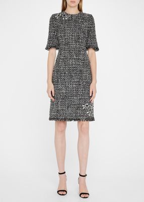 Tweed Floral Applique Fringe-Trim Dress