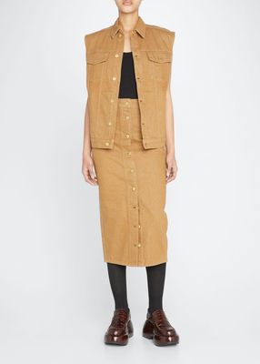 Twill Button-Front Midi Skirt