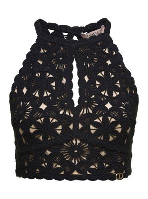 TwinSet Black Top With Crochet Work In Cotton Woman