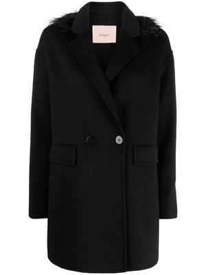 TWINSET feather-trim double-breasted coat - Black