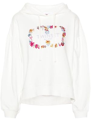 TWINSET floral-embroidered cotton hoodie - White
