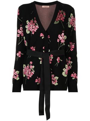 TWINSET floral-intarsia belted cardigan - Black