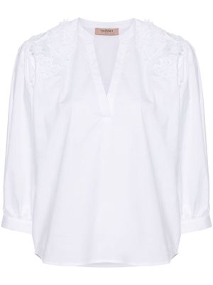 TWINSET floral lace appliqué poplin blouse - White