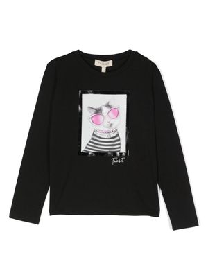 TWINSET Kids cat-print long-sleeved T-shirt - Black