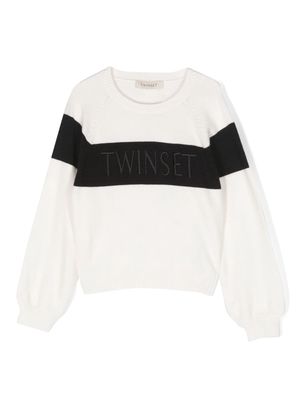 TWINSET Kids logo-print stripe-trim jumper - White