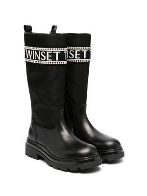 TWINSET Kids logo-tape knee-high boots - Black