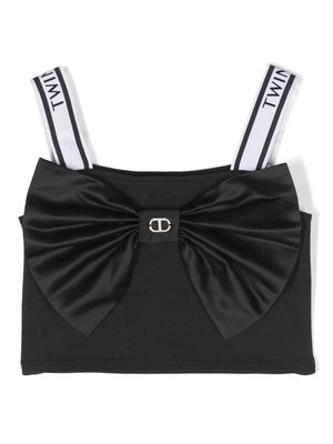 TWINSET Kids satin-bow logo-straps crop top - Black