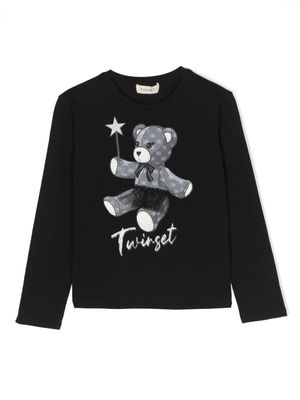 TWINSET Kids teddy bear-print cotton-blend T-shirt - Black