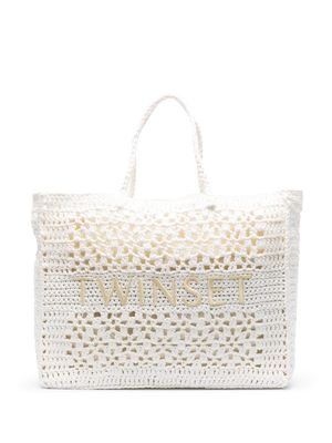 TWINSET logo-embroidered crochet tote bag - White