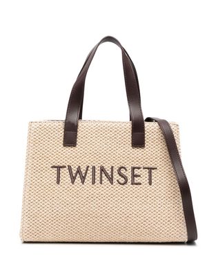TWINSET logo-embroidered raffia tote bag - Neutrals