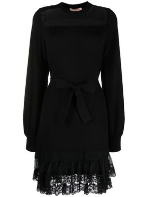 TWINSET ruffled lace-hem belted dress - Black