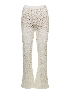 TwinSet White Flared Pants With Crochet Work In Cotton Woman