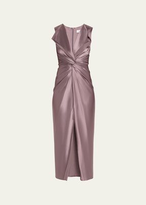 Twist Front Silk Midi Dress