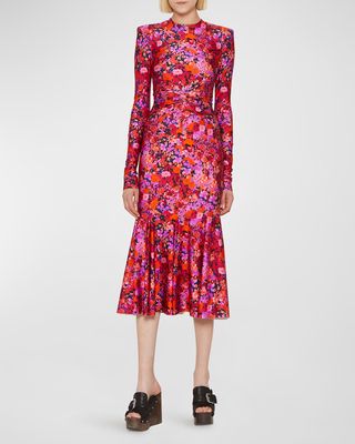 Twisted-Front Floral Midi Flounce Dress