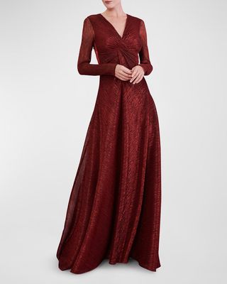 Twisted Metallic Viole Long-Sleeve Gown