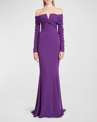 Twisted Off-The-Shoulder Long-Sleeve Cady Gown