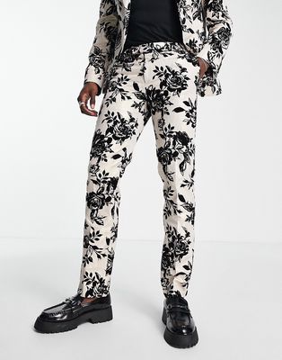 Twisted Tailor barros slim fit suit pants in white with black floral flocking-Multi