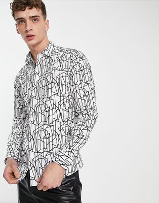 Twisted Tailor butchart shirt in white with linear geo flocking