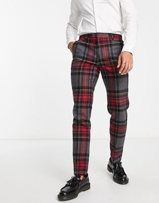 Twisted Tailor cardosi slim fit smart pants in gray and red check with pocket chain-Multi