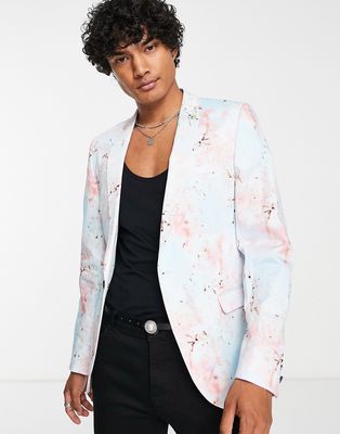 Twisted Tailor caruso skinny fit suit jacket in light blue with cherry blossom print