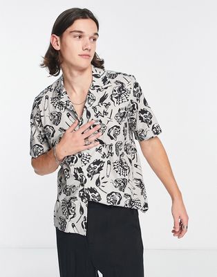 Twisted Tailor decker revere collar short sleeve shirt in white with black tattoo print