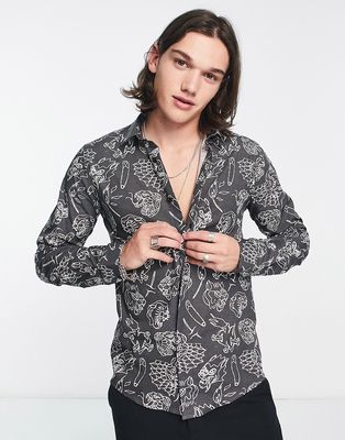 Twisted Tailor decker shirt in black with white tattoo print