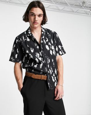 Twisted Tailor fiske camp collar shirt in black with white print