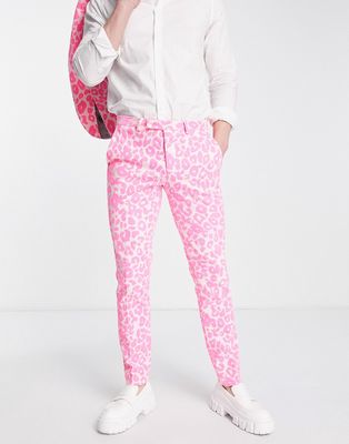 Twisted Tailor Garcia skinny fit suit pants in light pink with leopard flocking