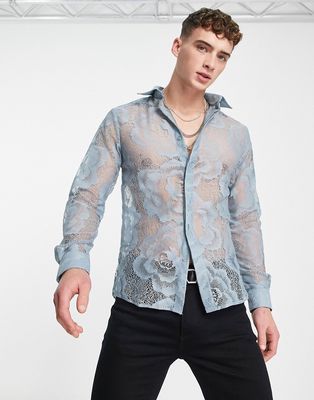 Twisted Tailor hayek slim shirt in blue floral lace-White