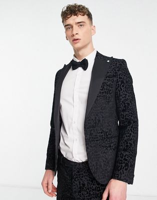 Twisted Tailor Helfand skinny suit jacket in charcoal with leopard print flock-Black