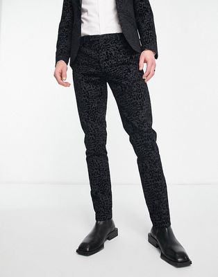Twisted Tailor helfand skinny suit pants in charcoal with leopard print flock-Black
